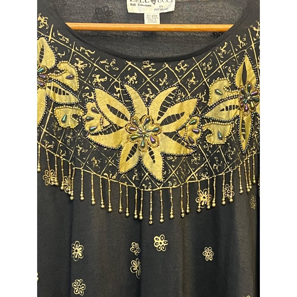 VTG Zell Ucci Bali Collection Top All Size Black & Gold Floral Beed's Party Off - Picture 3 of 8